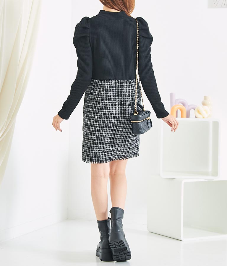 ツイード 切り替え ミニ ワンピース 527-6789