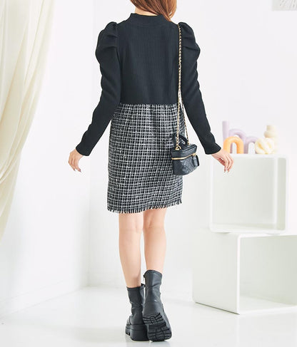 ツイード 切り替え ミニ ワンピース 527-6789