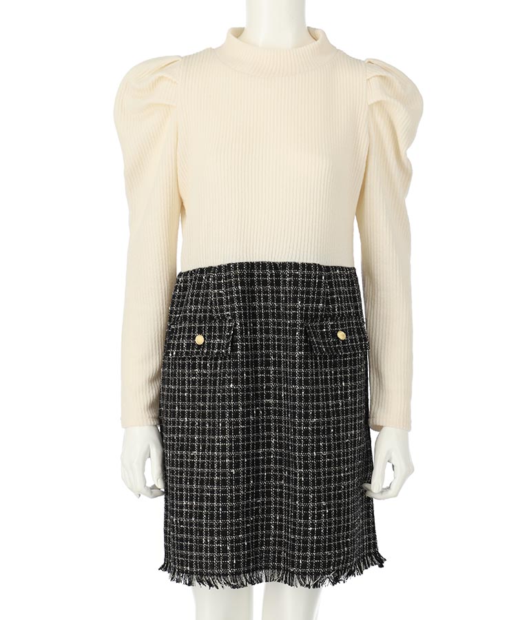 ツイード 切り替え ミニ ワンピース 527-6789