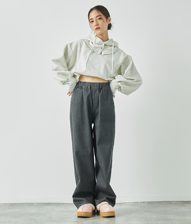 ウォッシュデニム サイドライン ウエストゴム バギー パンツ 792-9084