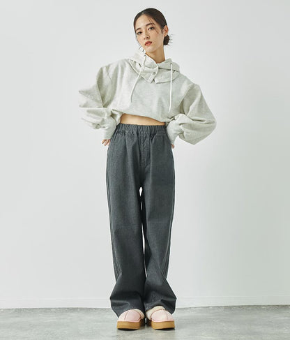 ウォッシュデニム サイドライン ウエストゴム バギー パンツ 792-9084