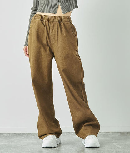 ウォッシュデニム サイドライン ウエストゴム バギー パンツ 792-9084