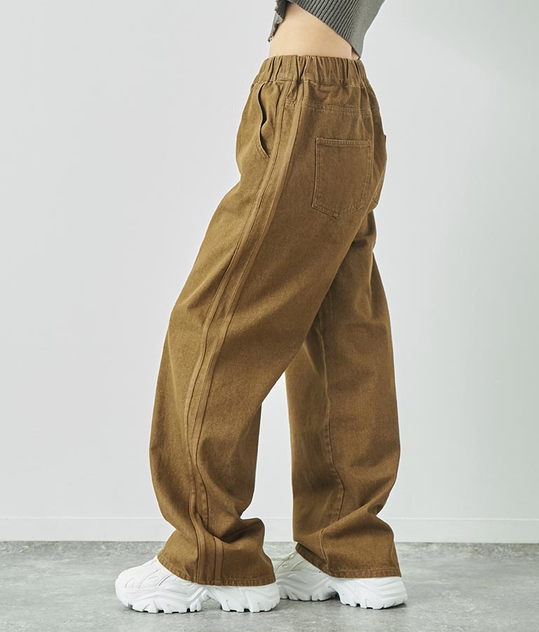 ウォッシュデニム サイドライン ウエストゴム バギー パンツ 792-9084