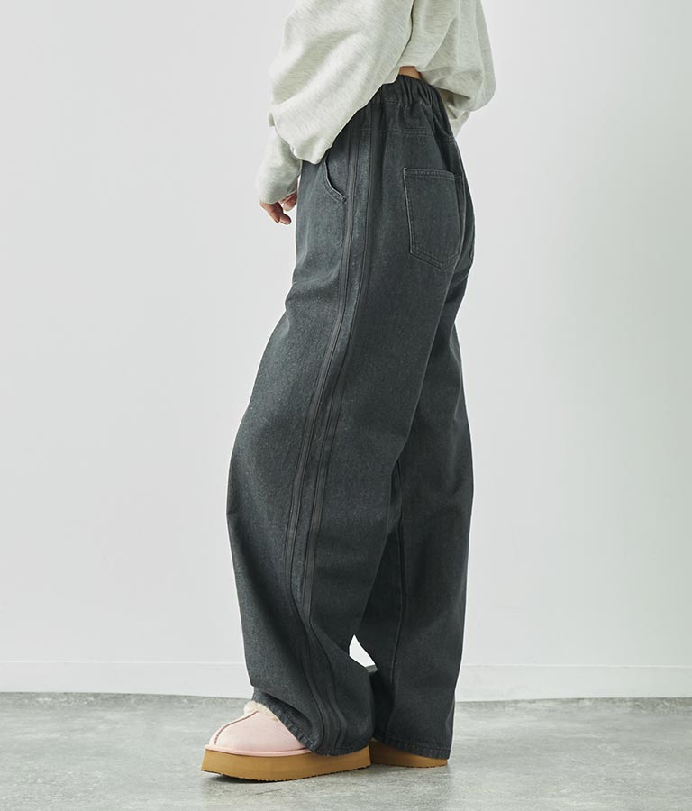 ウォッシュデニム サイドライン ウエストゴム バギー パンツ 792-9084