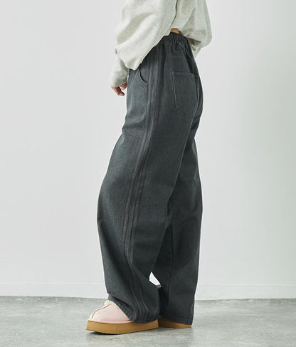 ウォッシュデニム サイドライン ウエストゴム バギー パンツ 792-9084