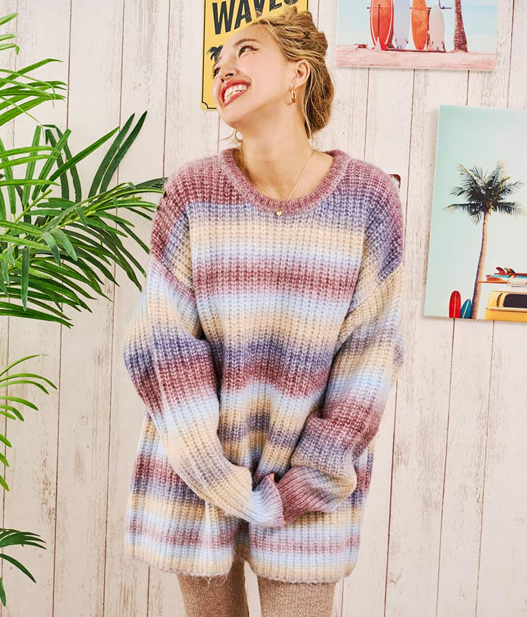 タイダイ ボーダー クルーネック ボリュームスリーブ ニット 853-5755