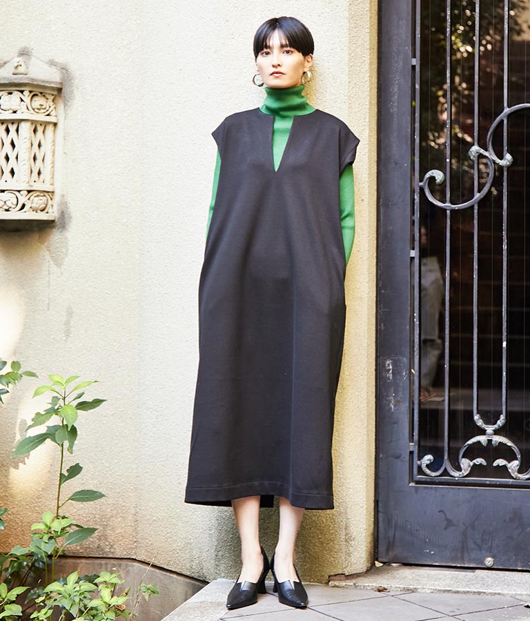 ウールライク キーネック バックスリット ワンピース ロング 367-9294