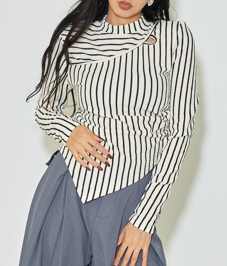 ジオメ トリック ボーダー ストライプ ハイネック 長袖 403-8465