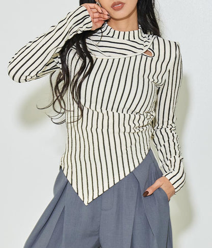 ジオメ トリック ボーダー ストライプ ハイネック 長袖 403-8465