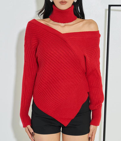 カシュクールアシンメトリー Vネック チョーカー付 セーター ニット 長袖 403-8469