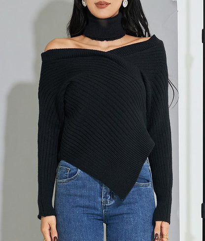 カシュクールアシンメトリー Vネック チョーカー付 セーター ニット 長袖 403-8469