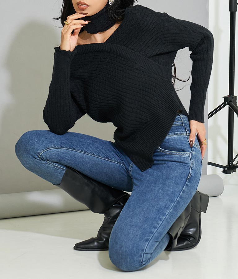 カシュクールアシンメトリー Vネック チョーカー付 セーター ニット 長袖 403-8469