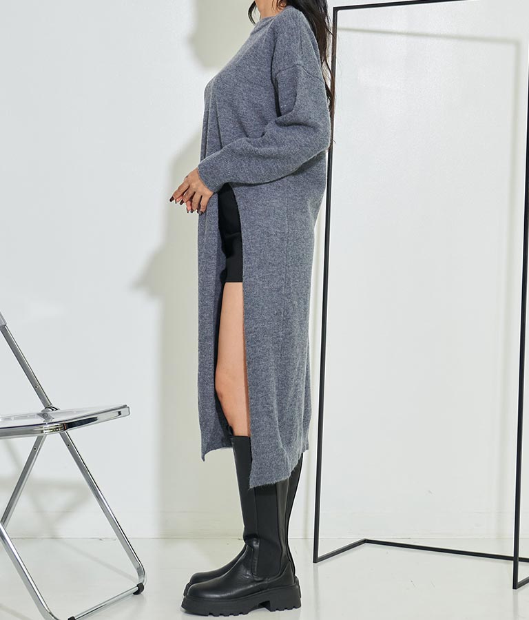 深スリット ニット セーター Uネック ロング チュニック 長袖 403-8498