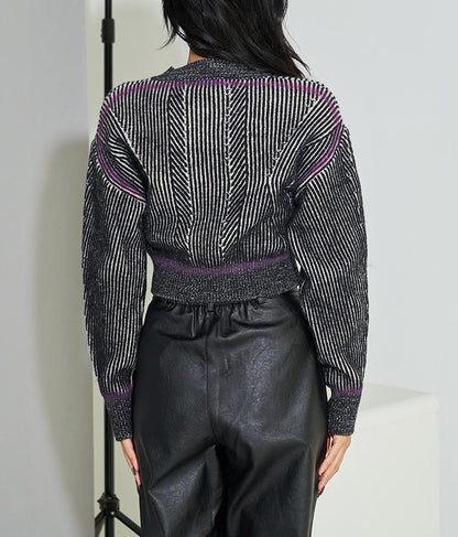 幾何学柄 スプレーライン クロップド 起毛 ニット セーターハイネック 長袖 403-8525