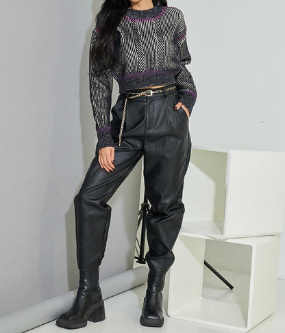 幾何学柄 スプレーライン クロップド 起毛 ニット セーターハイネック 長袖 403-8525