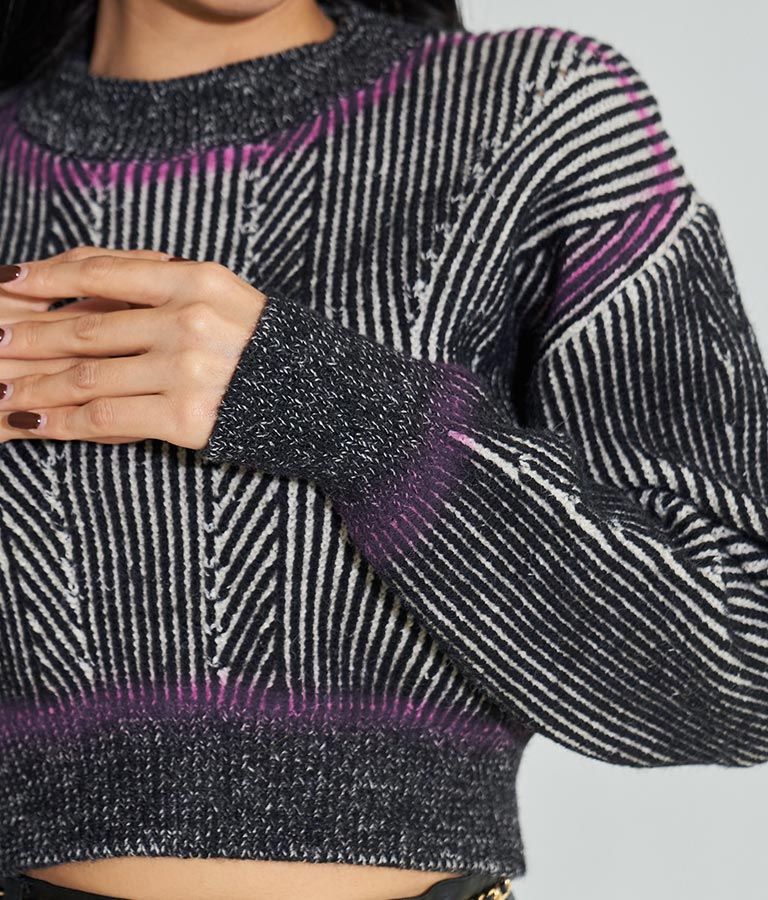 幾何学柄 スプレーライン クロップド 起毛 ニット セーターハイネック 長袖 403-8525