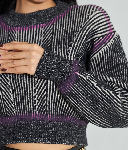 幾何学柄 スプレーライン クロップド 起毛 ニット セーターハイネック 長袖 403-8525