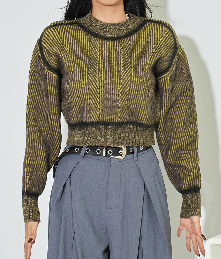 幾何学柄 スプレーライン クロップド 起毛 ニット セーターハイネック 長袖 403-8525