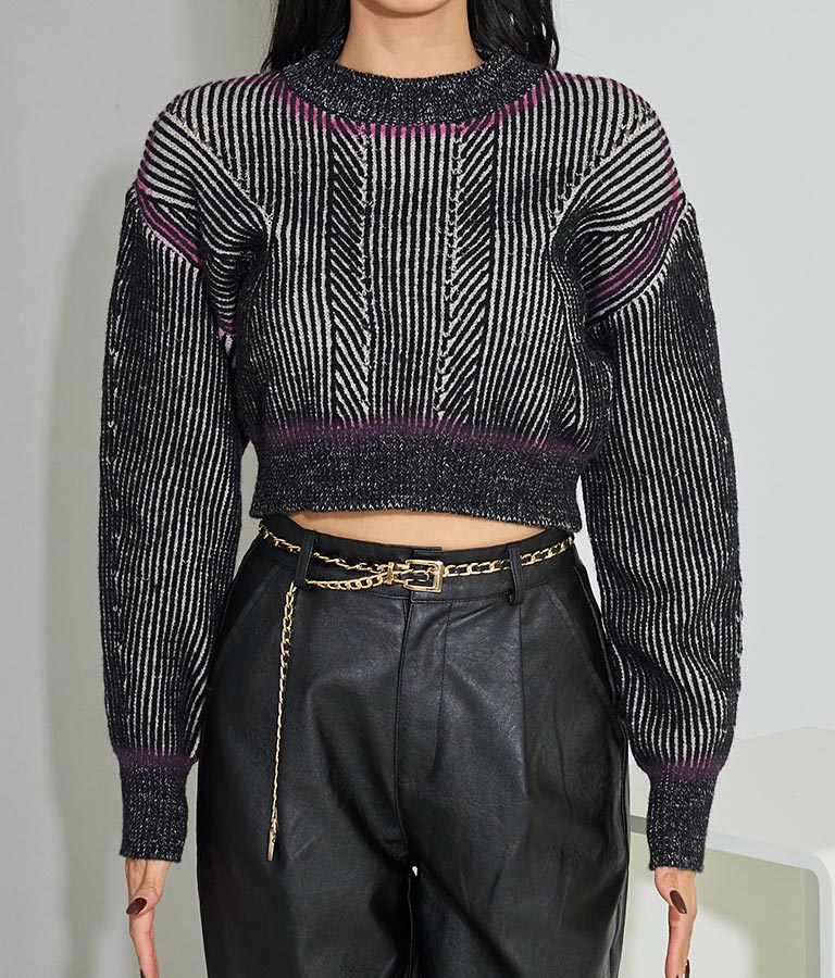 幾何学柄 スプレーライン クロップド 起毛 ニット セーターハイネック 長袖 403-8525