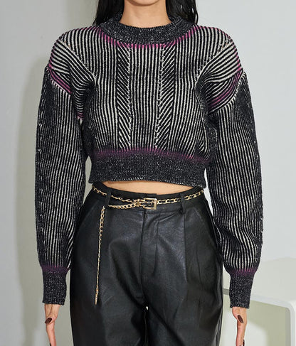 幾何学柄 スプレーライン クロップド 起毛 ニット セーターハイネック 長袖 403-8525