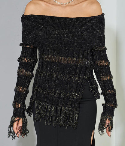 フリンジ ダメージ オフショルダー 肩開き ラメ ニット セーター 長袖 403-8524