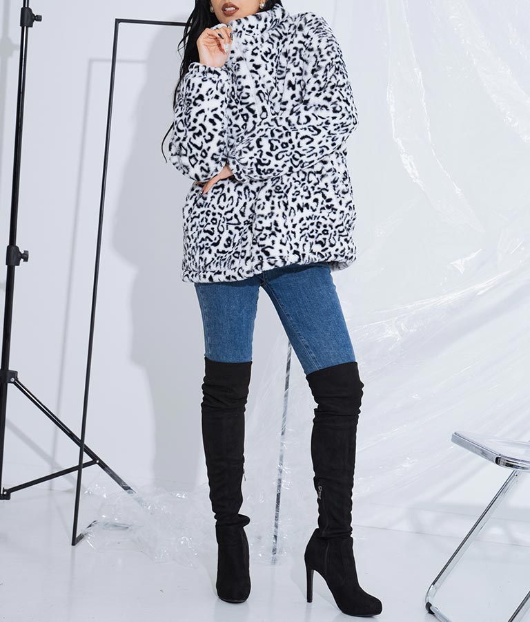 フェイクファー レオパード ヒョウ柄 スタンドカラー ハイネック コート 406-8521