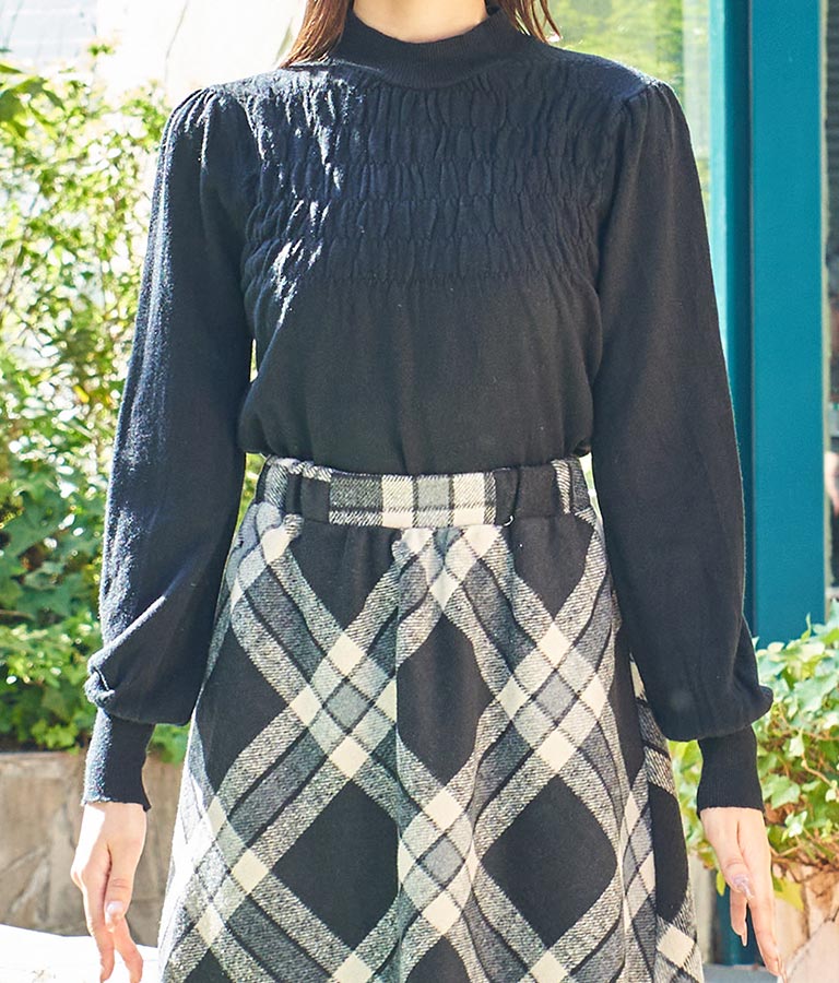 シャーリング デザイン パフスリーブ ニット トップス 長袖 553-5860