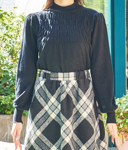 シャーリング デザイン パフスリーブ ニット トップス 長袖 553-5860