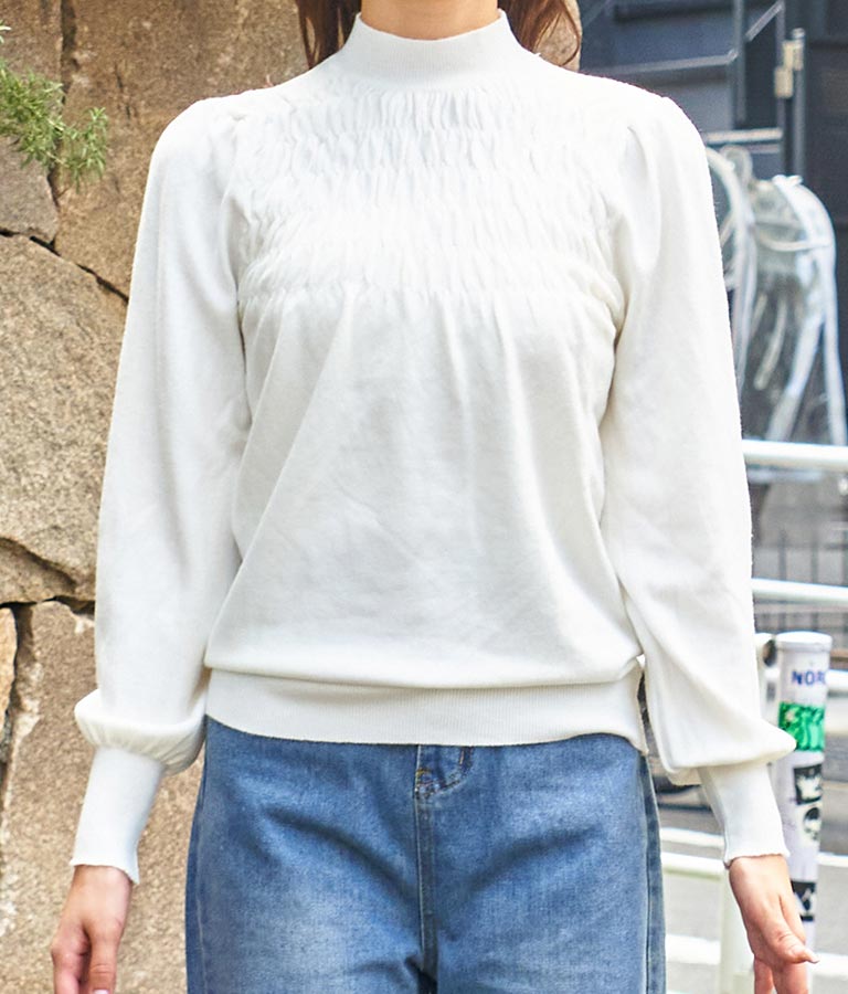シャーリング デザイン パフスリーブ ニット トップス 長袖 553-5860