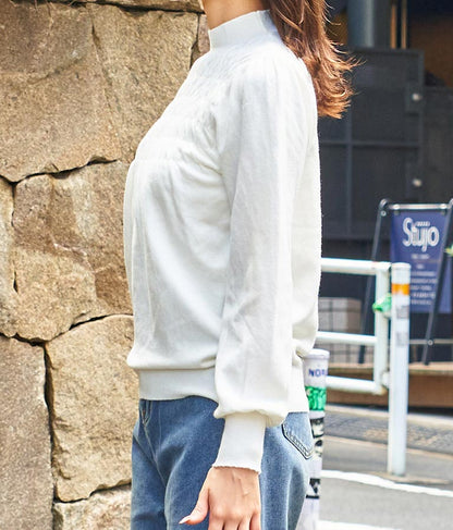 シャーリング デザイン パフスリーブ ニット トップス 長袖 553-5860