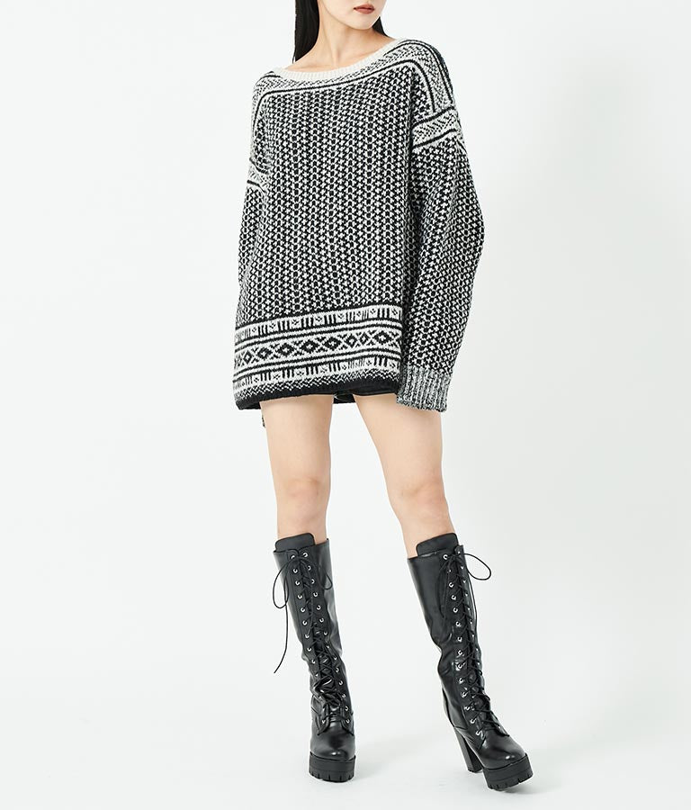 幾何学柄 起毛 モヘア ニット ボートネック 長袖