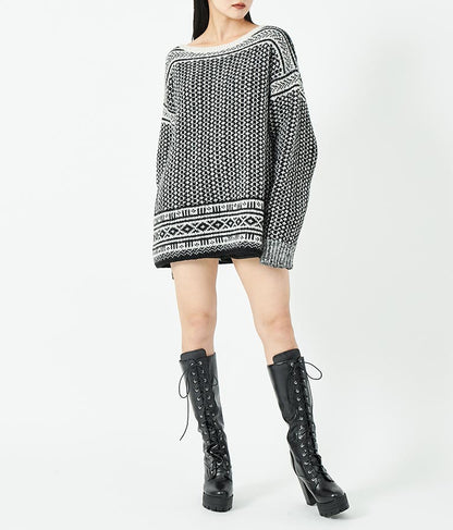 幾何学柄 起毛 モヘア ニット ボートネック 長袖