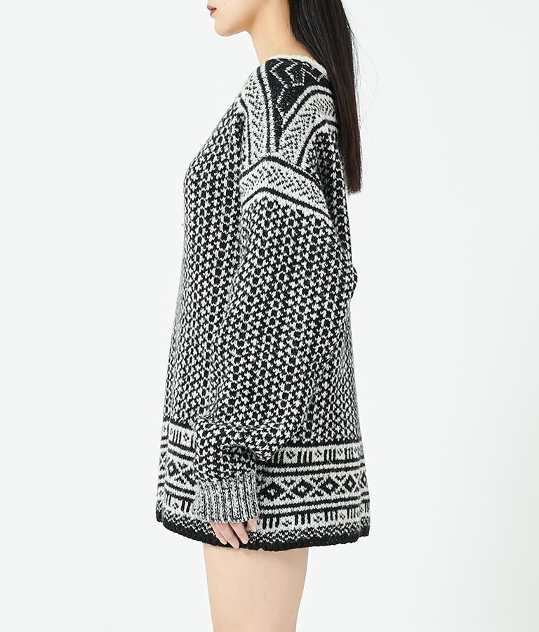 幾何学柄 起毛 モヘア ニット ボートネック 長袖 493-2622