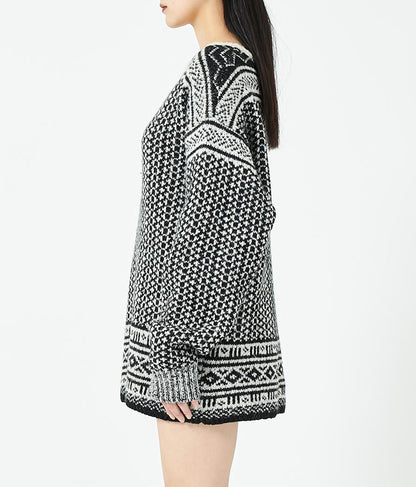 幾何学柄 起毛 モヘア ニット ボートネック 長袖 493-2622