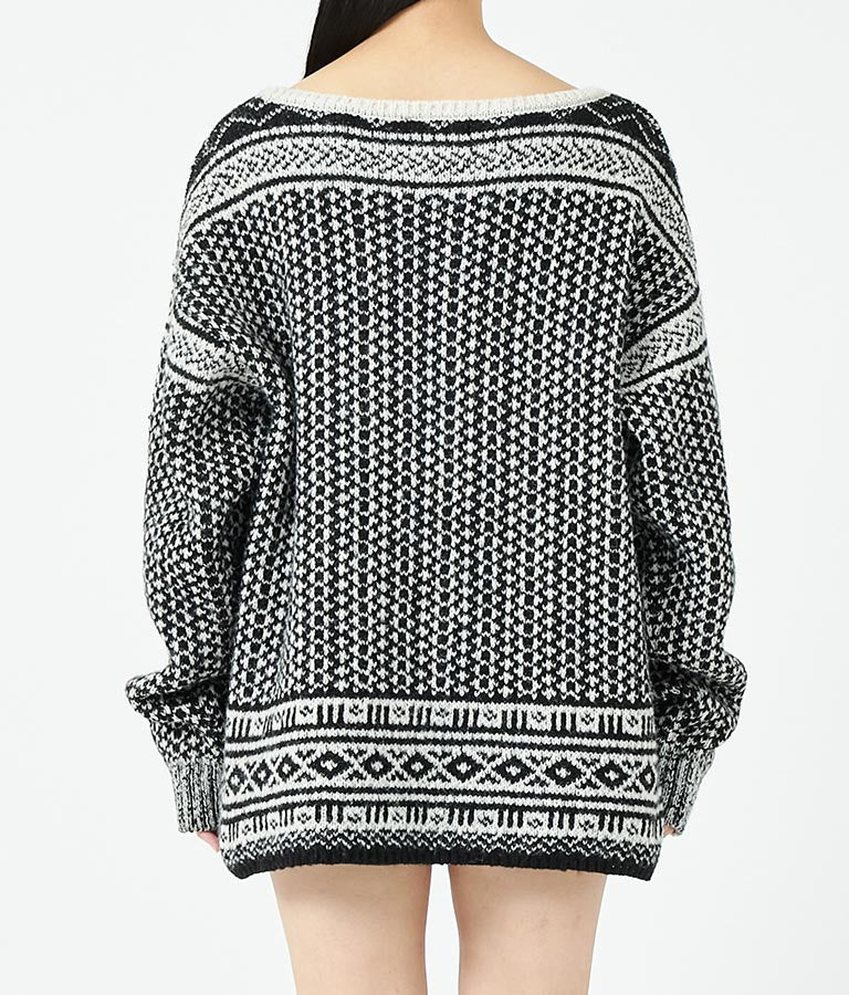 幾何学柄 起毛 モヘア ニット ボートネック 長袖 493-2622