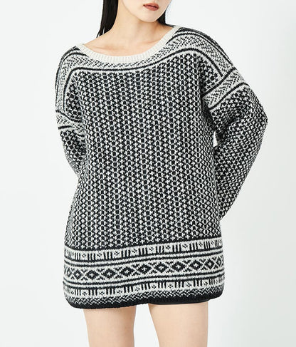 幾何学柄 起毛 モヘア ニット ボートネック 長袖 493-2622
