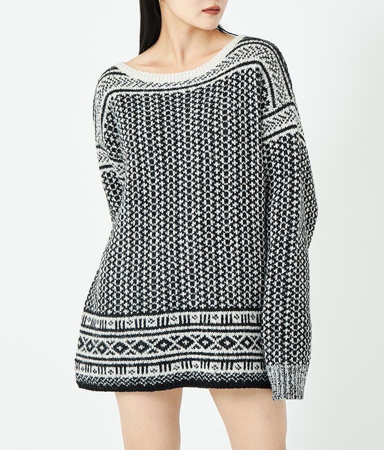 幾何学柄 起毛 モヘア ニット ボートネック 長袖 493-2622