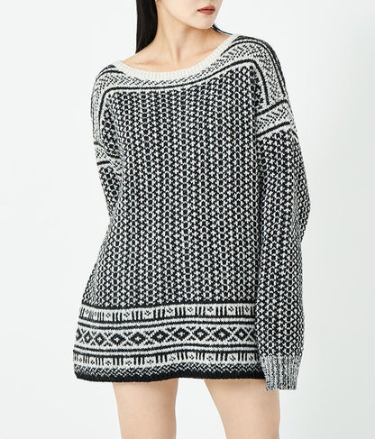 幾何学柄 起毛 モヘア ニット ボートネック 長袖 493-2622