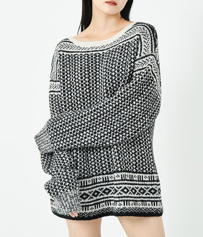 幾何学柄 起毛 モヘア ニット ボートネック 長袖 493-2622