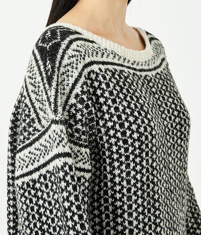 幾何学柄 起毛 モヘア ニット ボートネック 長袖 493-2622