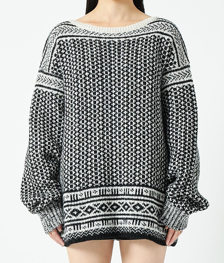 幾何学柄 起毛 モヘア ニット ボートネック 長袖 493-2622