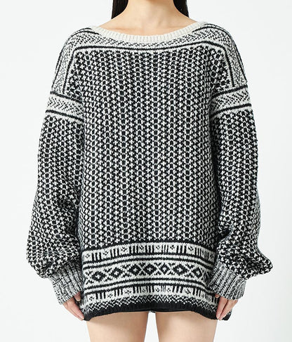 幾何学柄 起毛 モヘア ニット ボートネック 長袖 493-2622