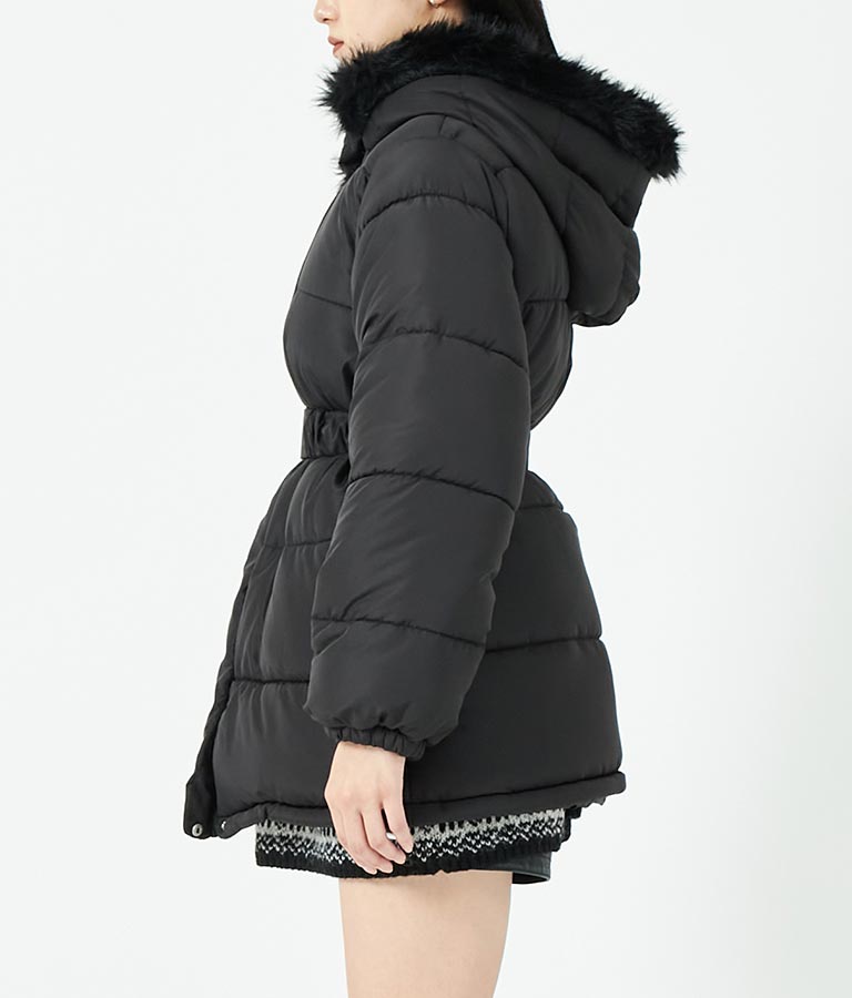 ベルト付き フェイクファーフード 中綿 コート