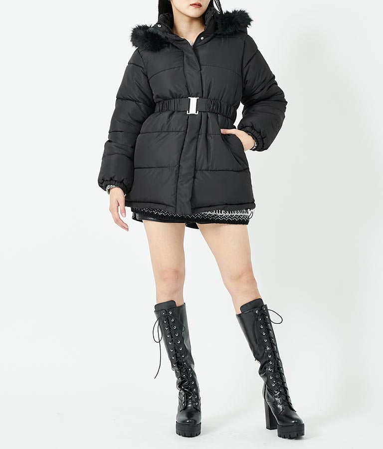 ベルト付き フェイクファーフード 中綿 コート 496-2581