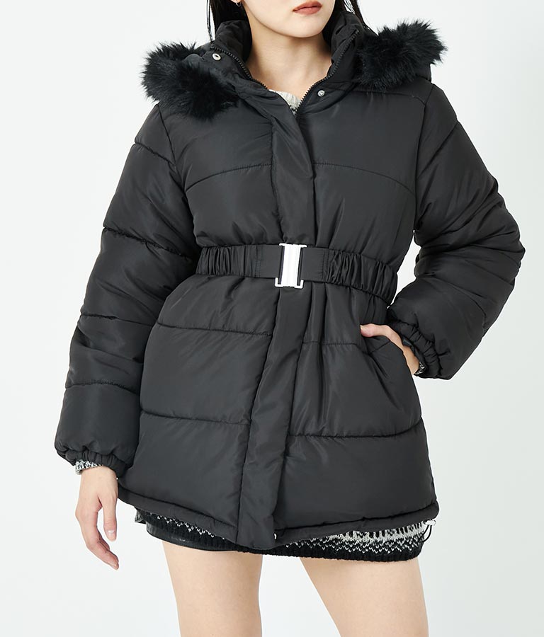 ベルト付き フェイクファーフード 中綿 コート 496-2581