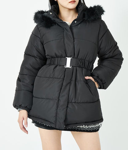 ベルト付き フェイクファーフード 中綿 コート 496-2581