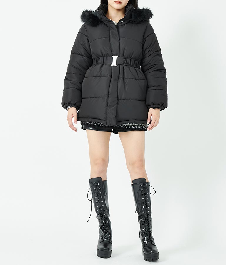 ベルト付き フェイクファーフード 中綿 コート 496-2581