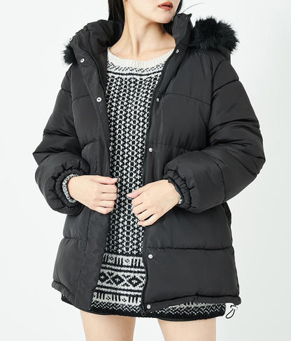 ベルト付き フェイクファーフード 中綿 コート 496-2581