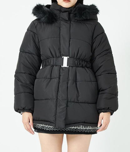 ベルト付き フェイクファーフード 中綿 コート 496-2581