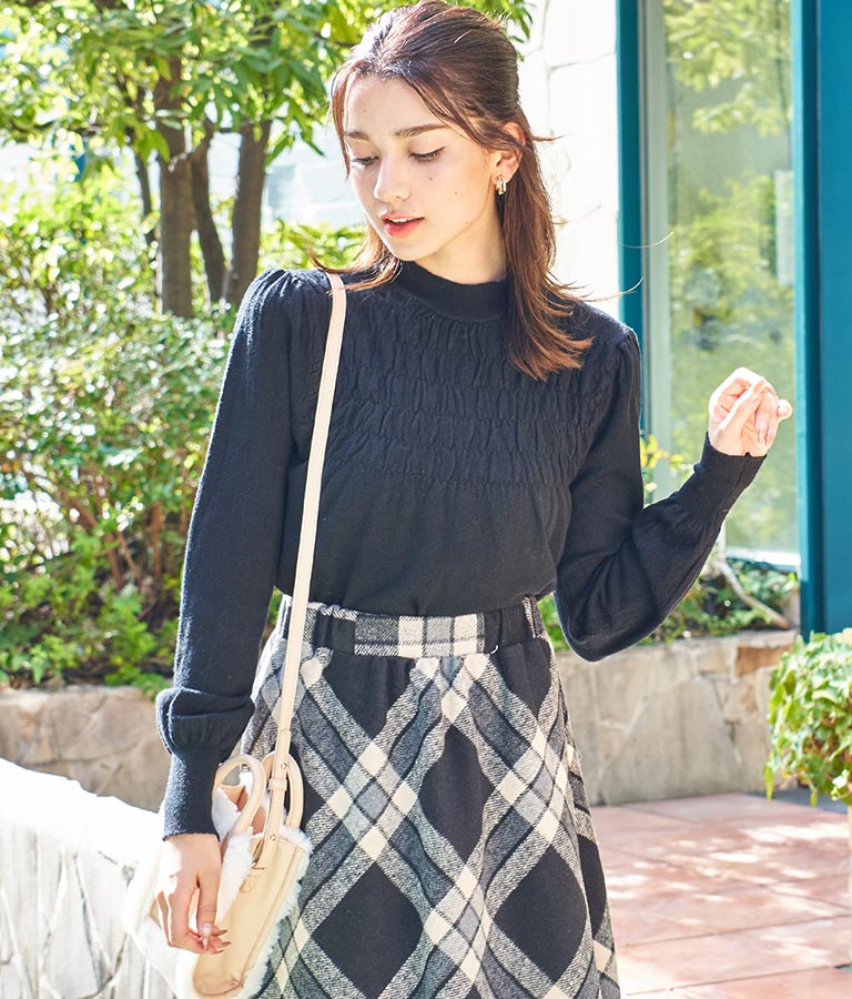 シャーリング デザイン パフスリーブ ニット トップス 長袖 553-5860